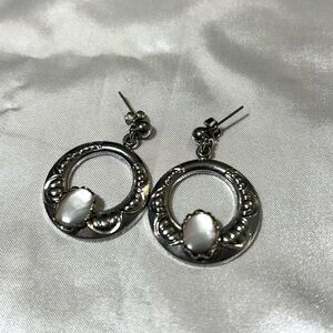 Vintage Moonstone Hoop Dangles Silver Filigree
